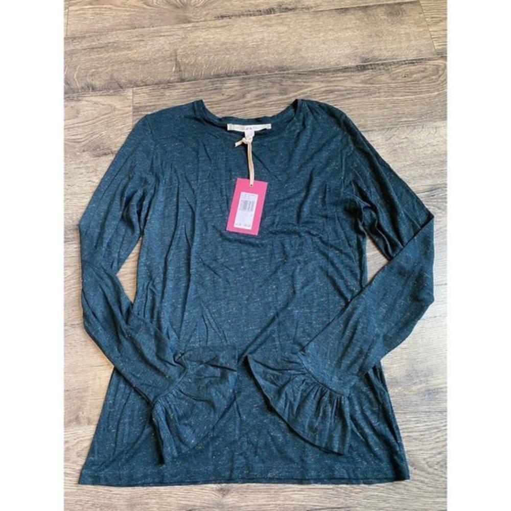 NWT Women Chelsea & Violet Long Sleeve Shimmer Green Ruffle Top Size L MSRP $58
